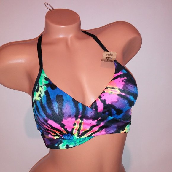 Victoria Secret Sports Bra Swim Bikini Top XS Gym to Swim Rainbow Tie Dye Banded - Picture 1 of 7
